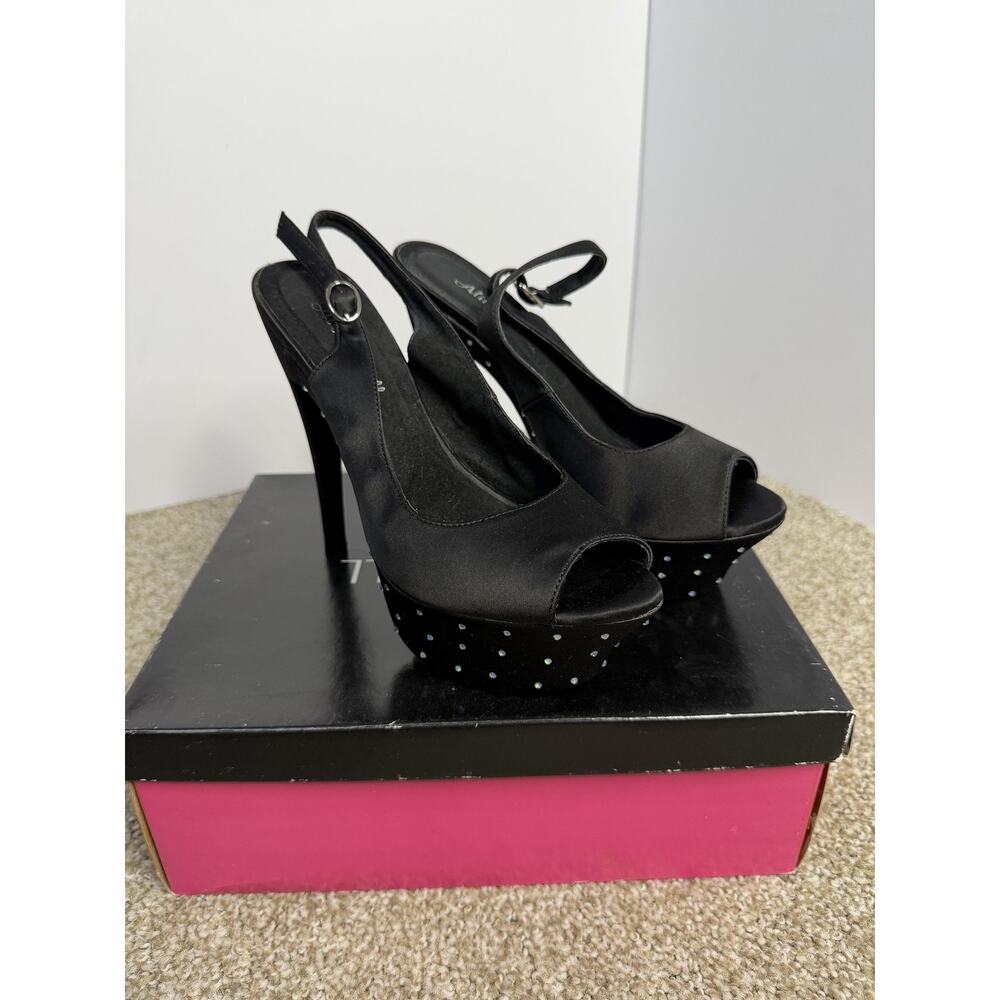 Alisha Hill Shoes Womens 8 Black Platform Peep Toe Slingback Heels Rhinestone